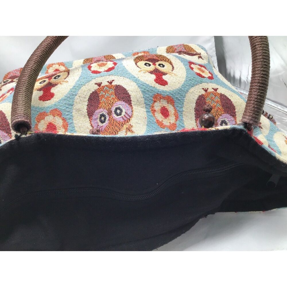Owl Canvas Tote Handbag Zipper Lined Wooden Beads Shoulder Bag - Picture 8 of 10
